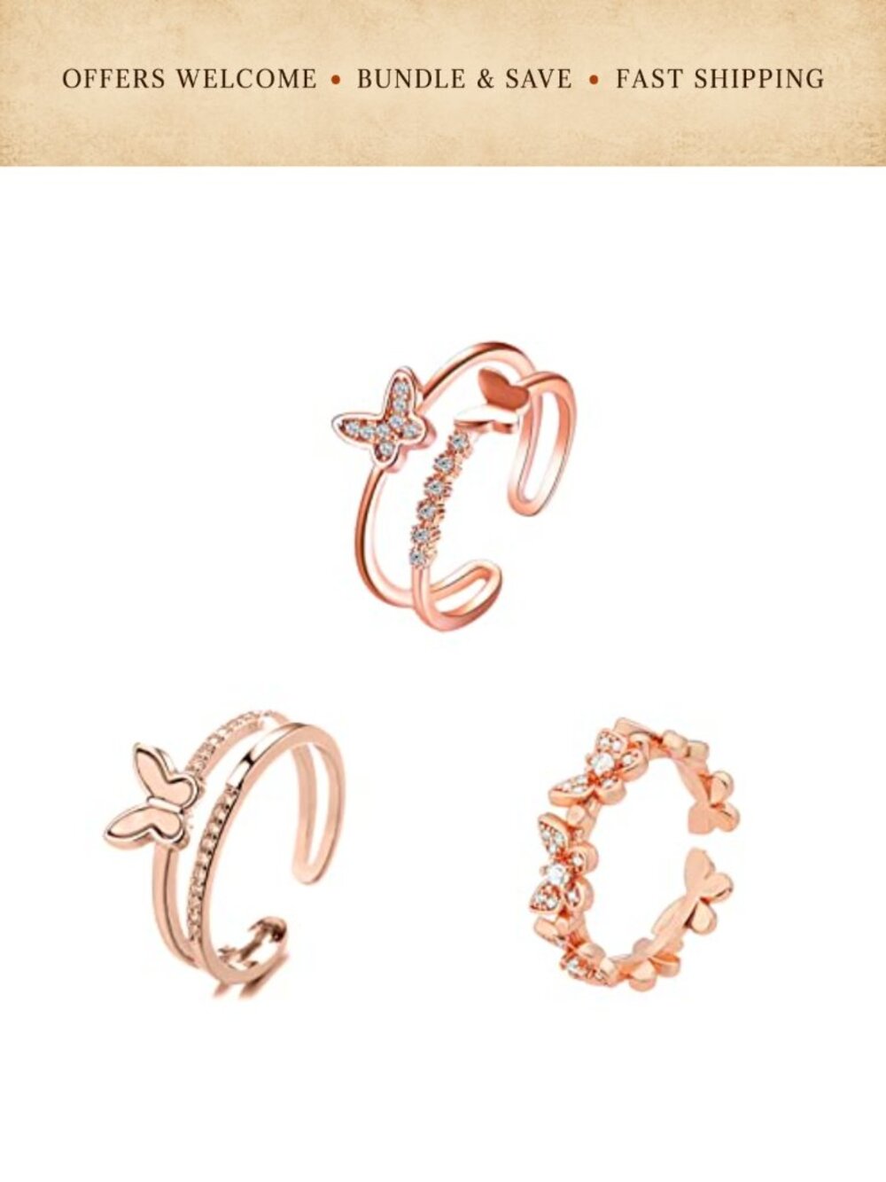 Adjustable Crystal Butterfly Rings Set - Dainty Statement Jewelry Gift